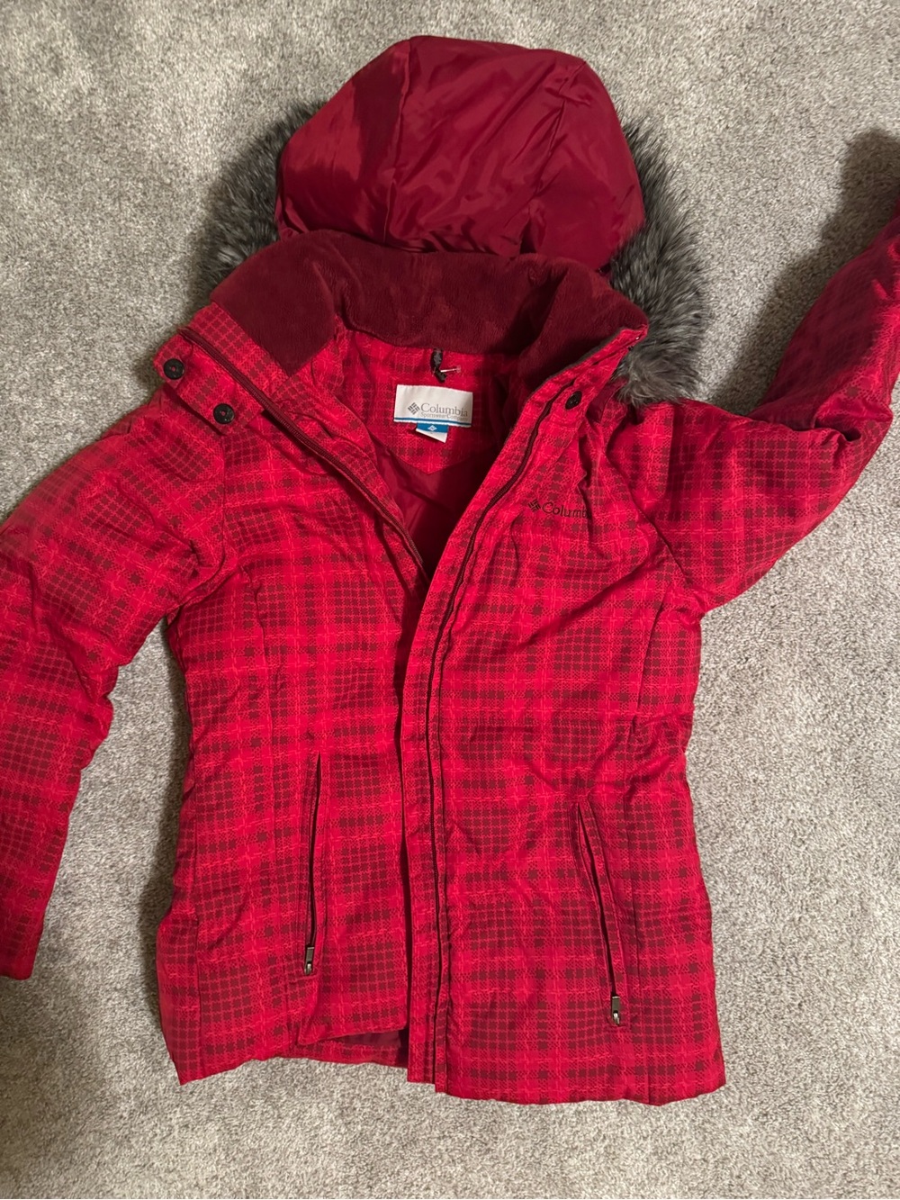 Columbia Red Plaid Hooded Puffer Jacket